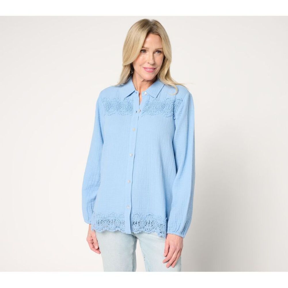 Top Knot Women's Petite PL PURE Cotton Gauze Button Front Tunic Blue A708544